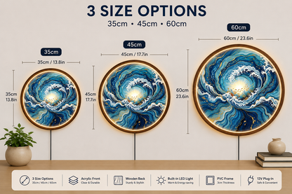 Ocean Wave LED Wall Art, Round Coastal Wooden Frame Light, Blue Sea Decor