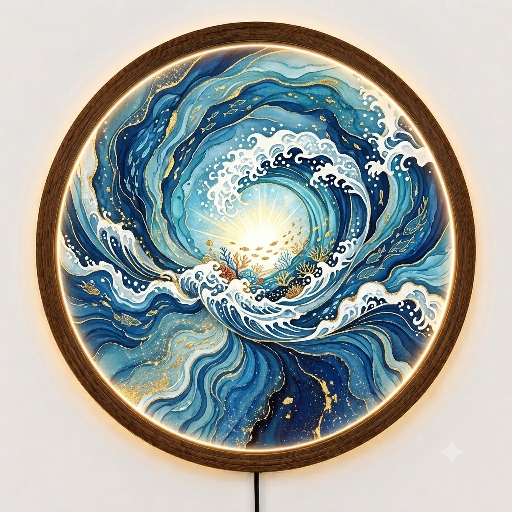 Ocean Wave LED Wall Art, Round Coastal Wooden Frame Light, Blue Sea Decor