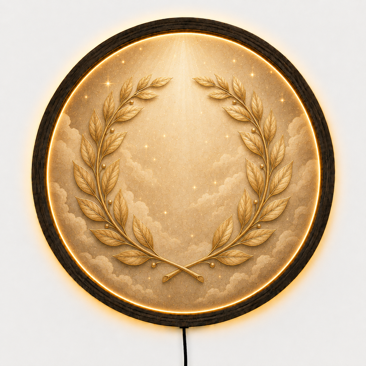 Laurel Wreath LED Wall Decor, Round Wooden Frame Light, Roman Inspired Wall Art