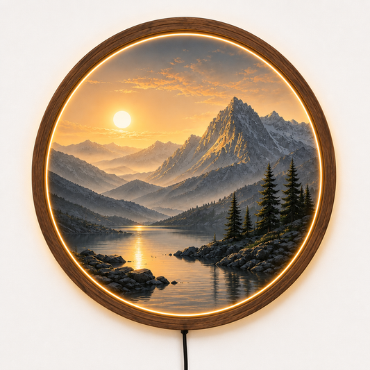 Round LED Mountain Wall Lamp, Modern Landscape Light, Minimalist Wall Decor, Scenic Night Light, Unique Home Gift