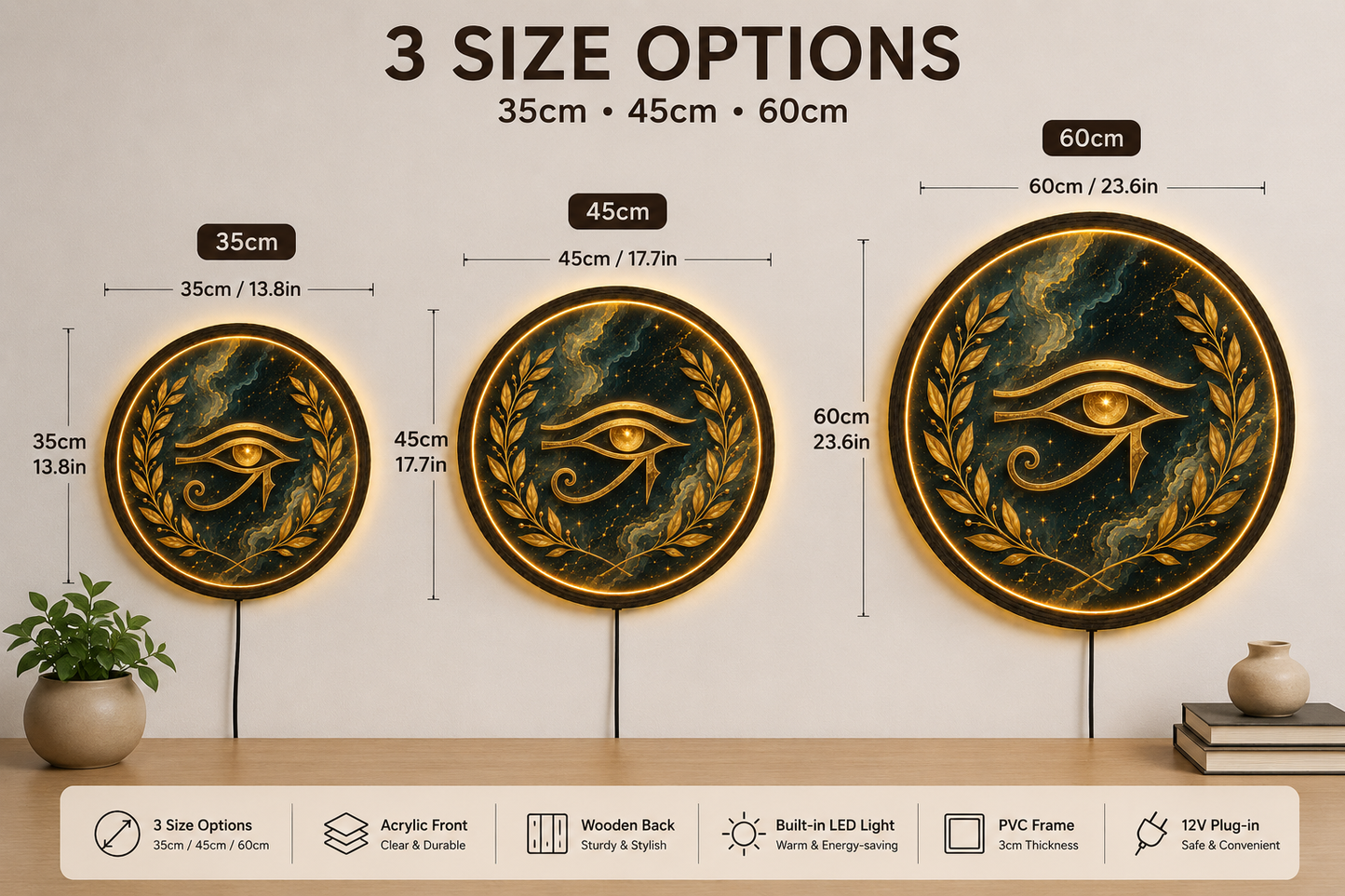 Eye of Horus LED Wall Decor, Round Wooden Frame Light, Egyptian Wall Art