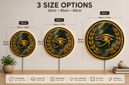 Eye of Horus LED Wall Decor, Round Wooden Frame Light, Egyptian Wall Art