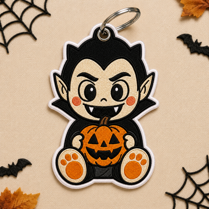 Cute Vampire Keychain, Halloween Embroidered Keychain, Pumpkin Dracula Bag Charm, Spooky Vampire Gift, Halloween Accessory