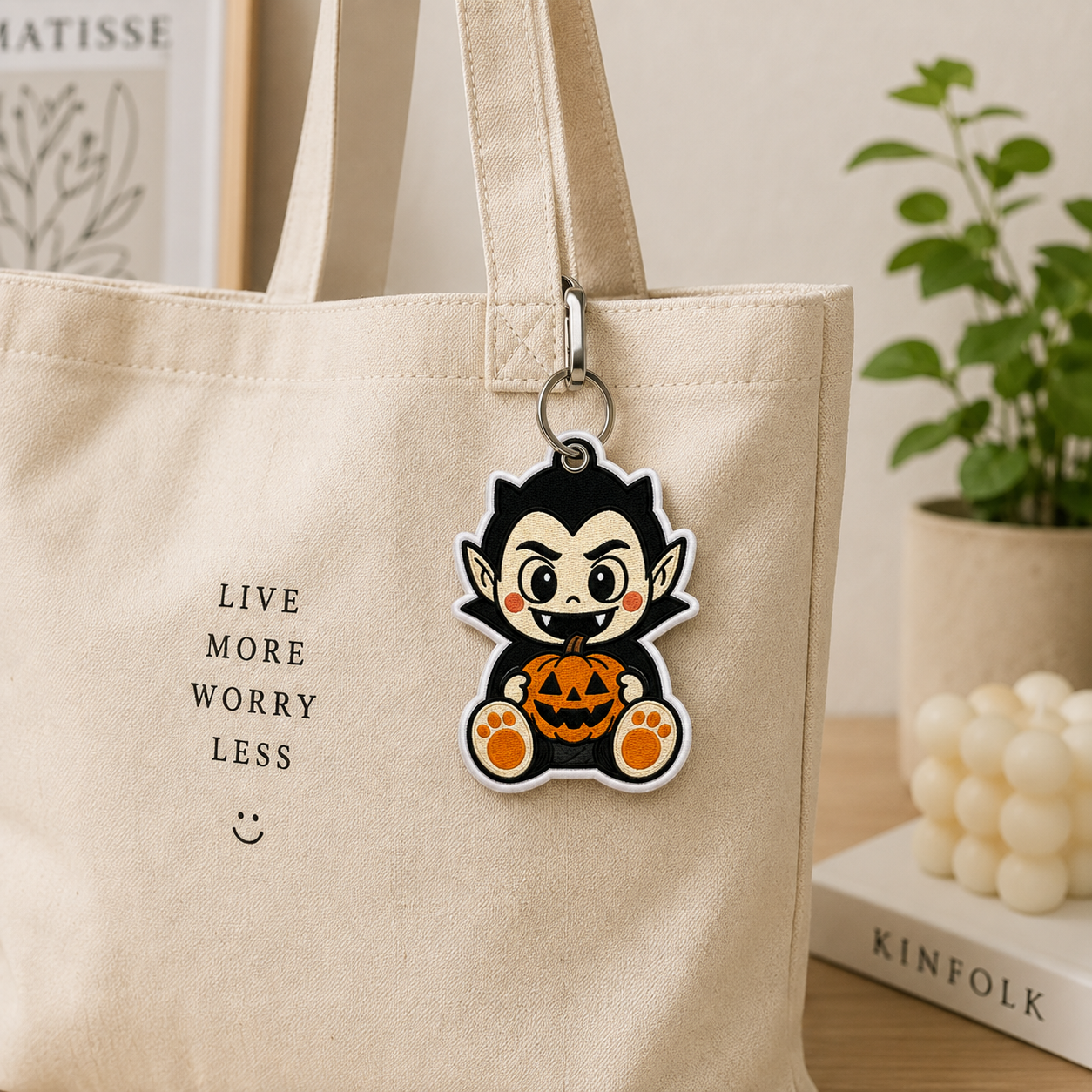 Cute Vampire Keychain, Halloween Embroidered Keychain, Pumpkin Dracula Bag Charm, Spooky Vampire Gift, Halloween Accessory