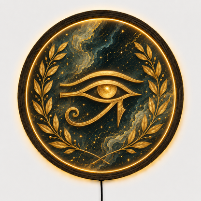 Eye of Horus LED Wall Decor, Round Wooden Frame Light, Egyptian Wall Art