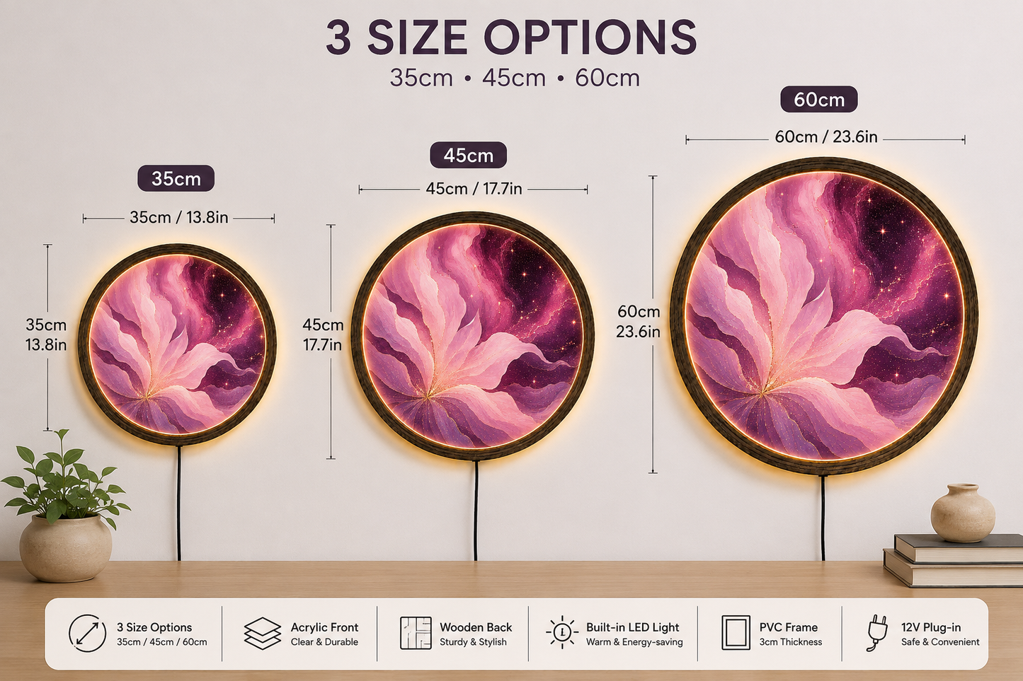 Pink Purple LED Wall Decor, Round Wooden Frame Light, Abstract Wall Art
