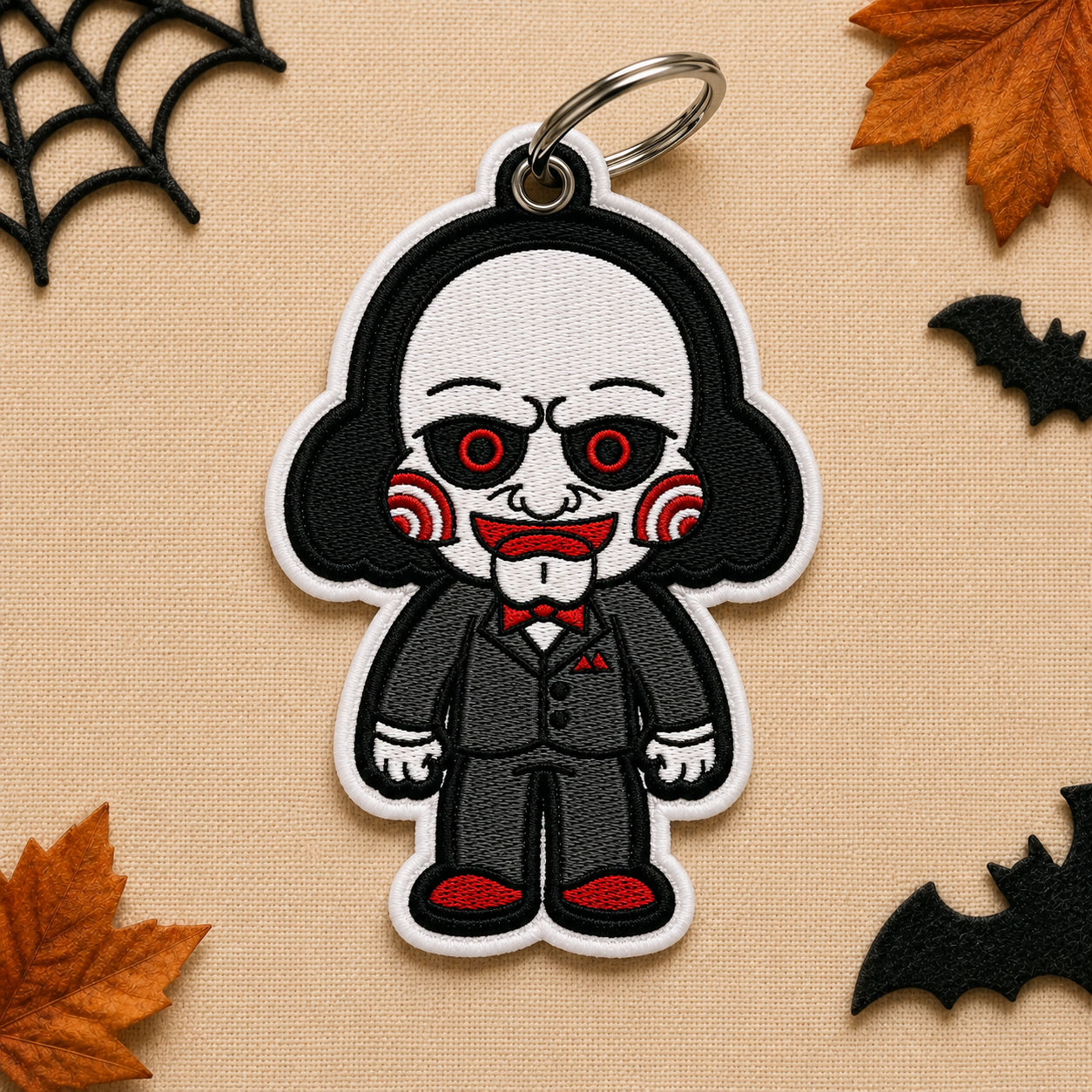 Creepy Puppet Embroidered Keychain, Horror Halloween Bag Charm, Spooky Doll Keychain, Gothic Backpack Accessory, Horror Lover Gift