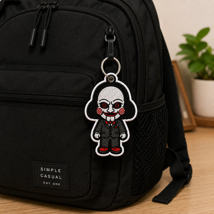 Creepy Puppet Embroidered Keychain, Horror Halloween Bag Charm, Spooky Doll Keychain, Gothic Backpack Accessory, Horror Lover Gift