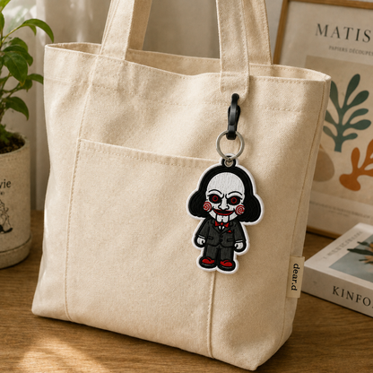Creepy Puppet Embroidered Keychain, Horror Halloween Bag Charm, Spooky Doll Keychain, Gothic Backpack Accessory, Horror Lover Gift