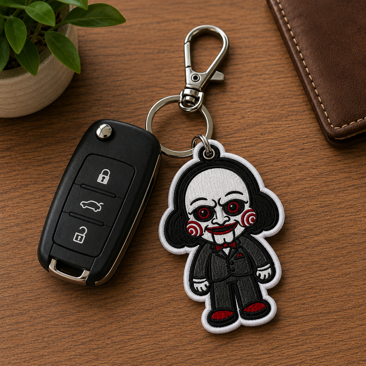Creepy Puppet Embroidered Keychain, Horror Halloween Bag Charm, Spooky Doll Keychain, Gothic Backpack Accessory, Horror Lover Gift