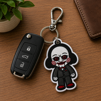 Creepy Puppet Embroidered Keychain, Horror Halloween Bag Charm, Spooky Doll Keychain, Gothic Backpack Accessory, Horror Lover Gift