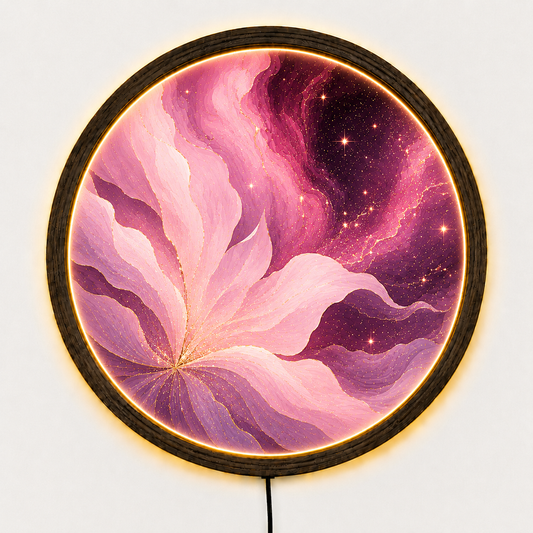 Pink Purple LED Wall Decor, Round Wooden Frame Light, Abstract Wall Art