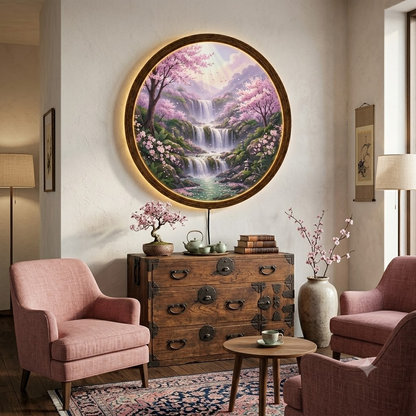 Cherry Blossom Waterfall LED Wall Art, Round Wooden Frame Light, Japanese Nature Wall Decor, Sakura Landscape Lamp