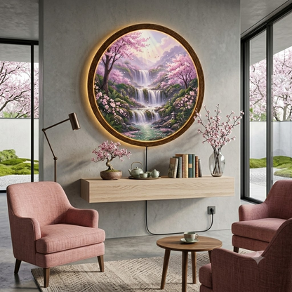 Cherry Blossom Waterfall LED Wall Art, Round Wooden Frame Light, Japanese Nature Wall Decor, Sakura Landscape Lamp