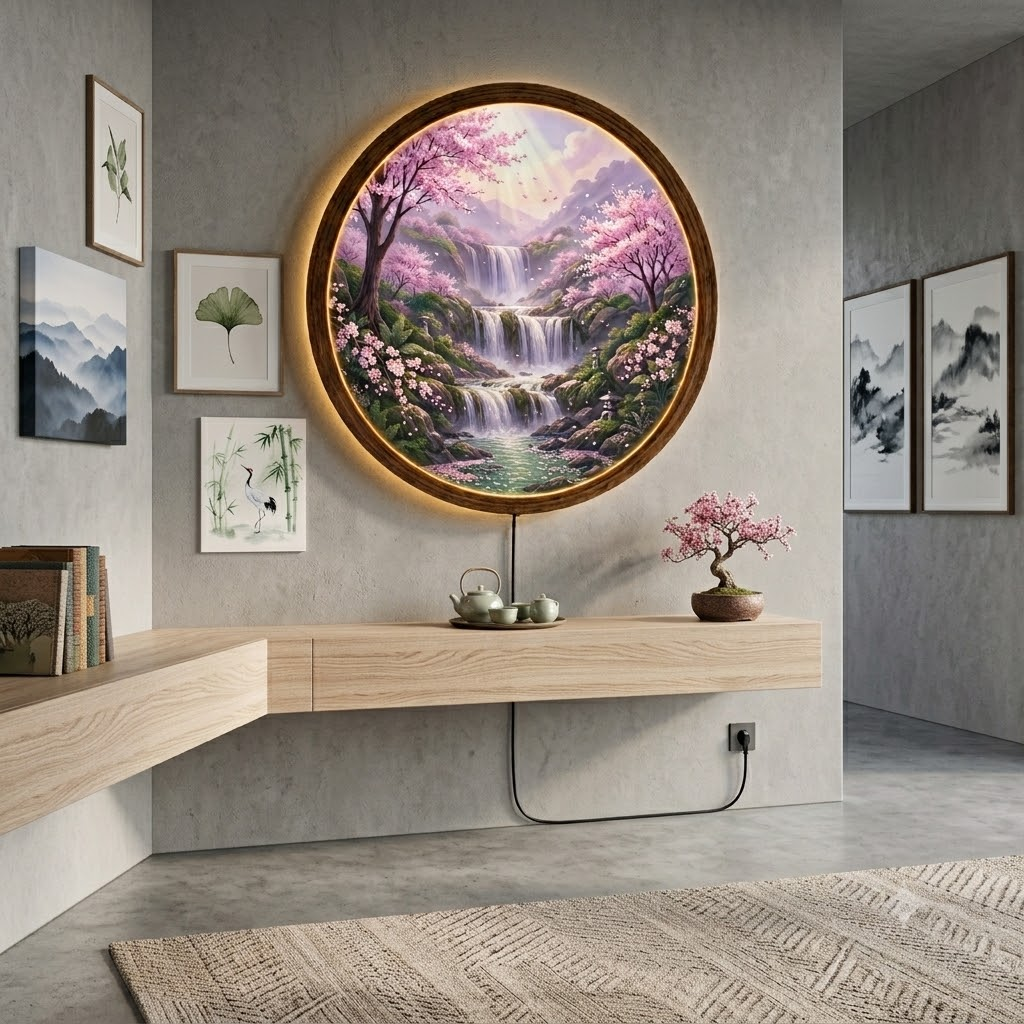 Cherry Blossom Waterfall LED Wall Art, Round Wooden Frame Light, Japanese Nature Wall Decor, Sakura Landscape Lamp