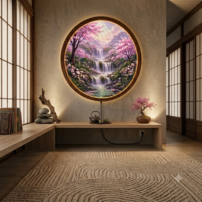 Cherry Blossom Waterfall LED Wall Art, Round Wooden Frame Light, Japanese Nature Wall Decor, Sakura Landscape Lamp