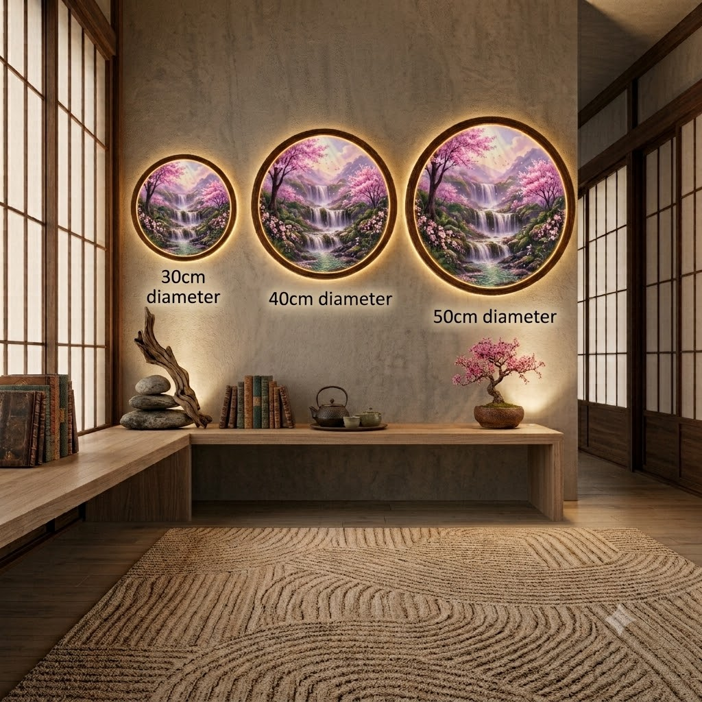 Cherry Blossom Waterfall LED Wall Art, Round Wooden Frame Light, Japanese Nature Wall Decor, Sakura Landscape Lamp