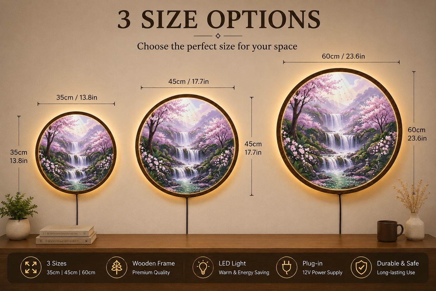 Cherry Blossom Waterfall LED Wall Art, Round Wooden Frame Light, Japanese Nature Wall Decor, Sakura Landscape Lamp