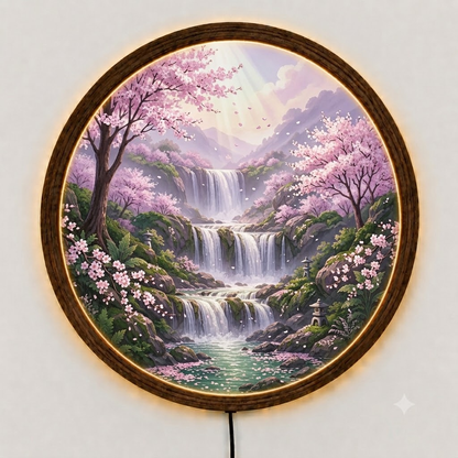Cherry Blossom Waterfall LED Wall Art, Round Wooden Frame Light, Japanese Nature Wall Decor, Sakura Landscape Lamp
