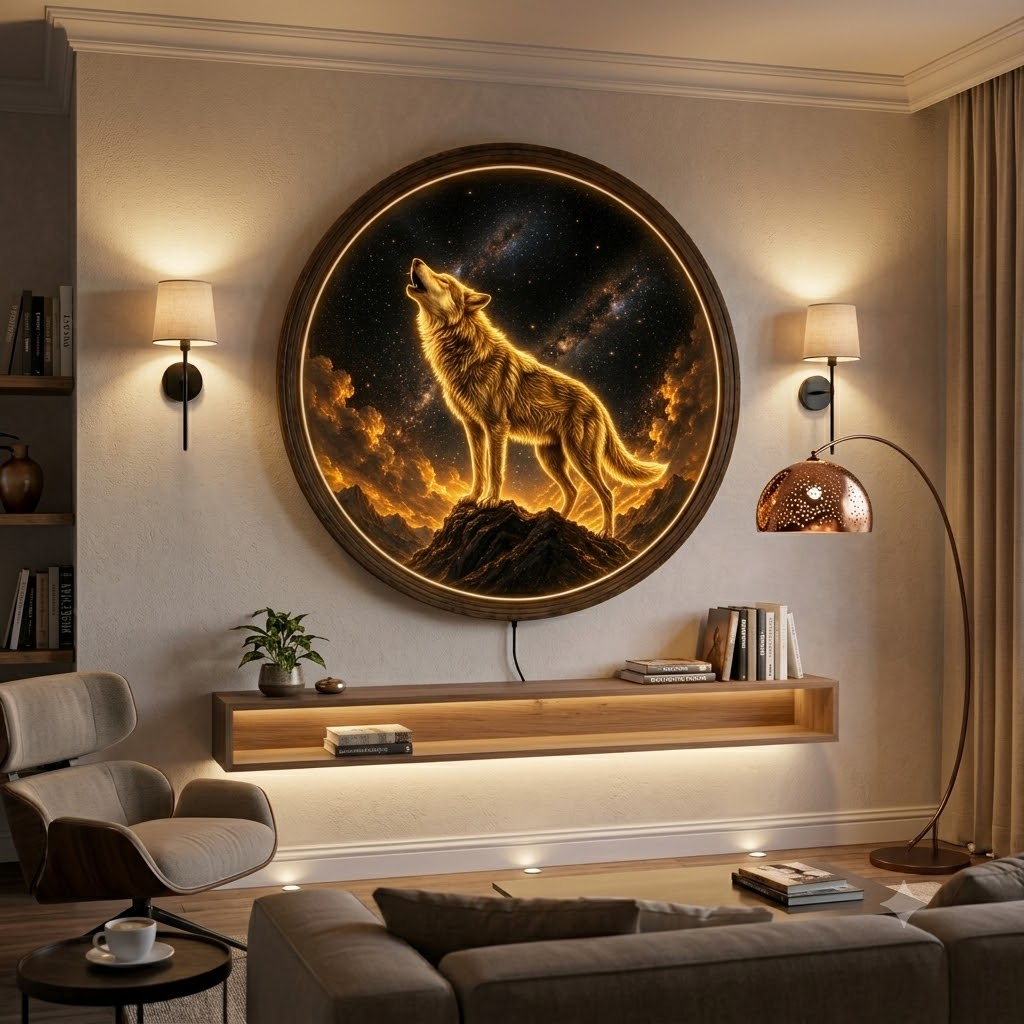 Howling Wolf LED Wall Art, Round Wooden Frame Light, Wolf Wall Decor, Nature Landscape Lamp, Rustic Home Decor