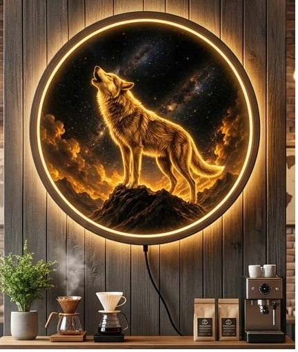 Howling Wolf LED Wall Art, Round Wooden Frame Light, Wolf Wall Decor, Nature Landscape Lamp, Rustic Home Decor
