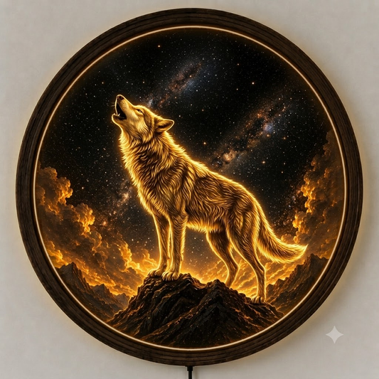 Howling Wolf LED Wall Art, Round Wooden Frame Light, Wolf Wall Decor, Nature Landscape Lamp, Rustic Home Decor