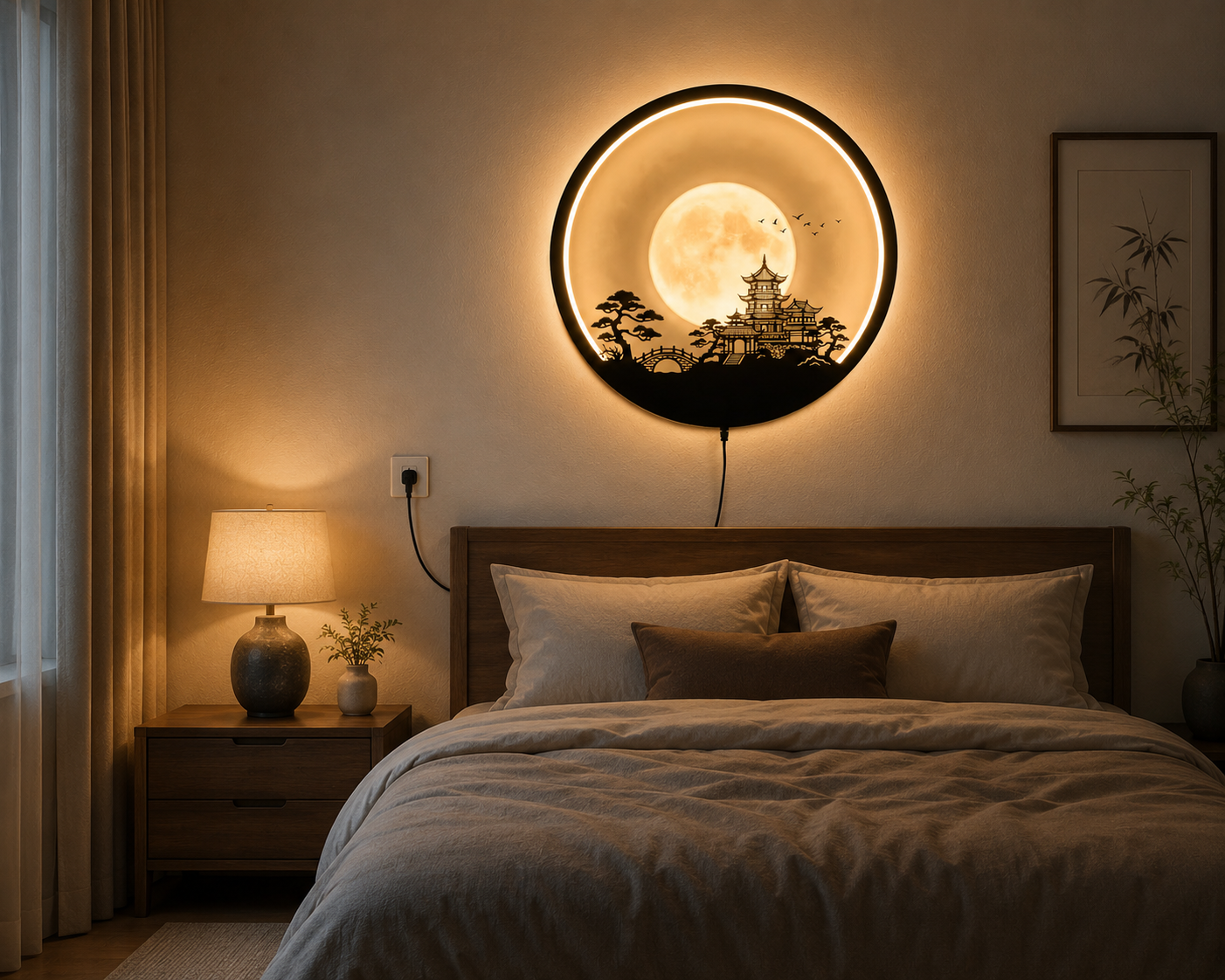 Japanese Pagoda LED Wall Decor, Moon Wall Light, Zen Home Decor, Plug In Wall Lamp, Asian Living Room Art