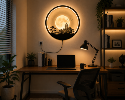Japanese Pagoda LED Wall Decor, Moon Wall Light, Zen Home Decor, Plug In Wall Lamp, Asian Living Room Art