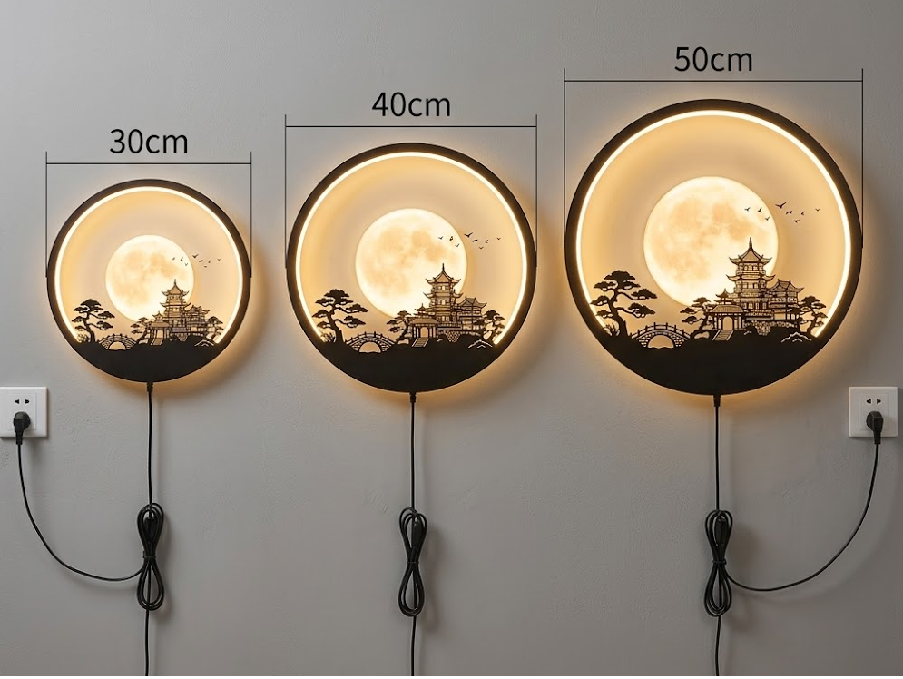 Japanese Pagoda LED Wall Decor, Moon Wall Light, Zen Home Decor, Plug In Wall Lamp, Asian Living Room Art