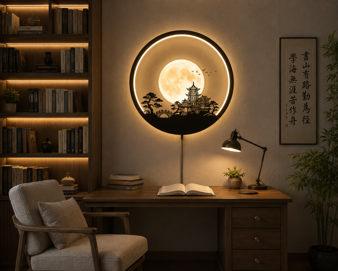 Japanese Pagoda LED Wall Decor, Moon Wall Light, Zen Home Decor, Plug In Wall Lamp, Asian Living Room Art