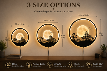 Japanese Pagoda LED Wall Decor, Moon Wall Light, Zen Home Decor, Plug In Wall Lamp, Asian Living Room Art
