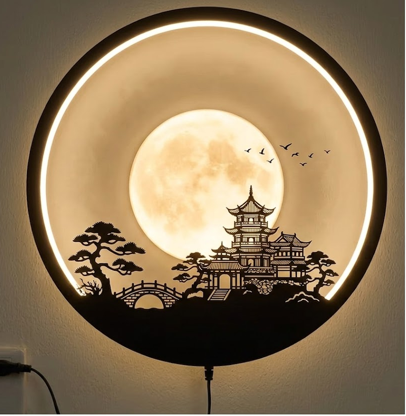 Japanese Pagoda LED Wall Decor, Moon Wall Light, Zen Home Decor, Plug In Wall Lamp, Asian Living Room Art