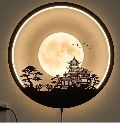 Japanese Pagoda LED Wall Decor, Moon Wall Light, Zen Home Decor, Plug In Wall Lamp, Asian Living Room Art