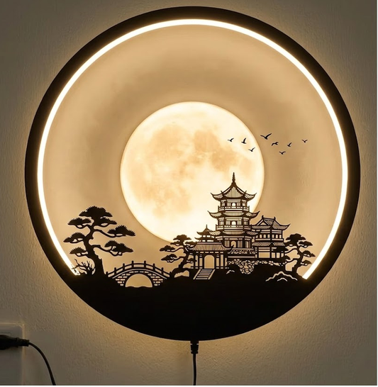Japanese Pagoda LED Wall Decor, Moon Wall Light, Zen Home Decor, Plug In Wall Lamp, Asian Living Room Art