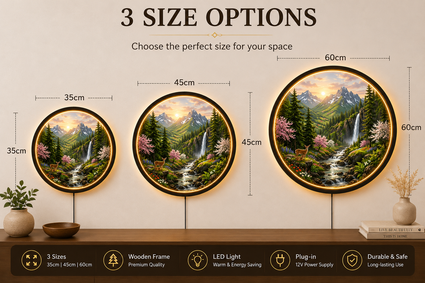 Spring Mountain LED Wall Decor, Forest Waterfall Wall Art, Nature Wall Light, Cabin Home Decor