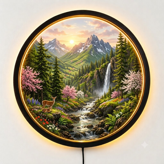 Spring Mountain LED Wall Decor, Forest Waterfall Wall Art, Nature Wall Light, Cabin Home Decor