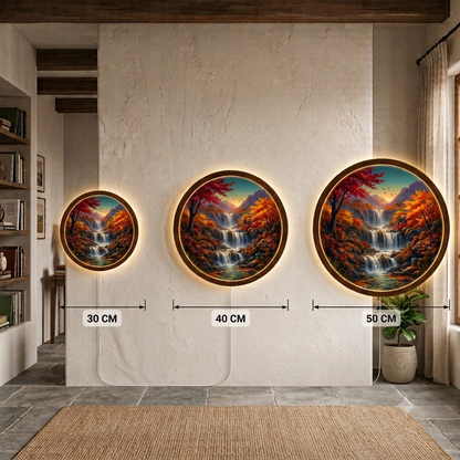 Autumn Waterfall LED Wall Decor, Round Wooden Frame Light, Nature Landscape Wall Art, Rustic Home Decor, Forest Waterfall Lamp