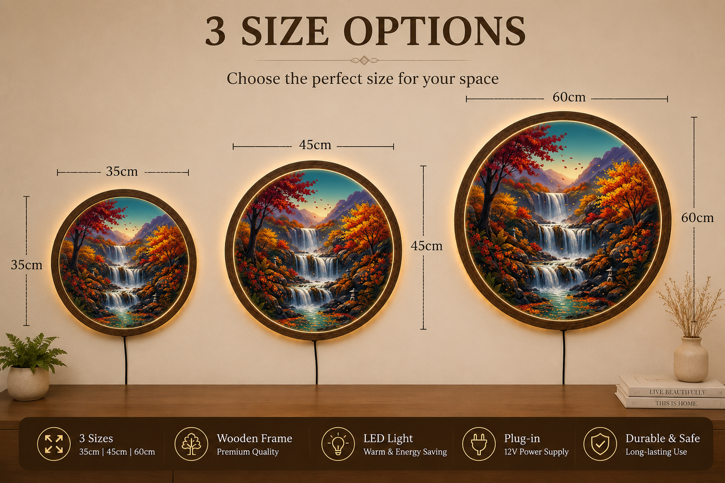 Autumn Waterfall LED Wall Decor, Round Wooden Frame Light, Nature Landscape Wall Art, Rustic Home Decor, Forest Waterfall Lamp