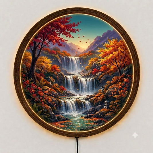 Autumn Waterfall LED Wall Decor, Round Wooden Frame Light, Nature Landscape Wall Art, Rustic Home Decor, Forest Waterfall Lamp