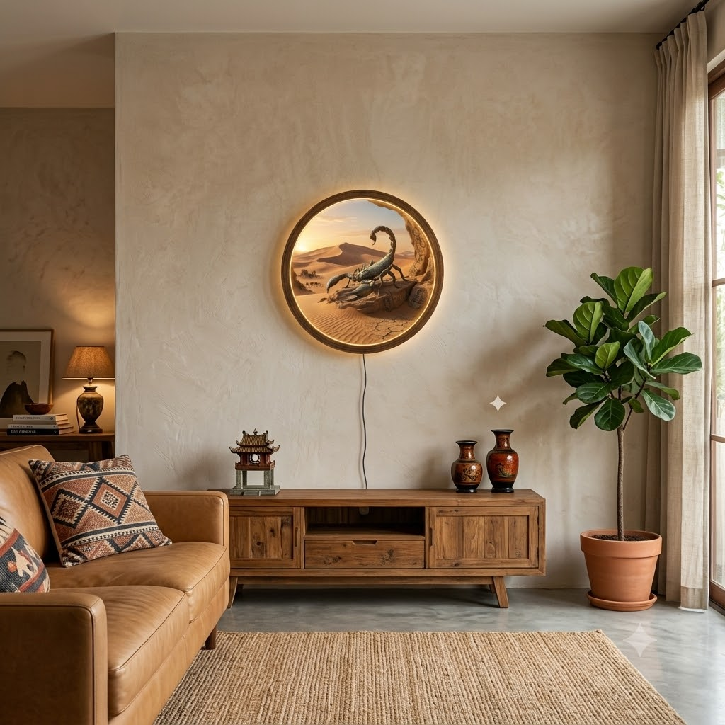 Scorpion LED Wall Decor, Round Wooden Frame Desert Wall Art, Southwestern Home Decor, Nature Landscape Light