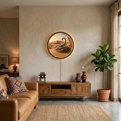 Scorpion LED Wall Decor, Round Wooden Frame Desert Wall Art, Southwestern Home Decor, Nature Landscape Light