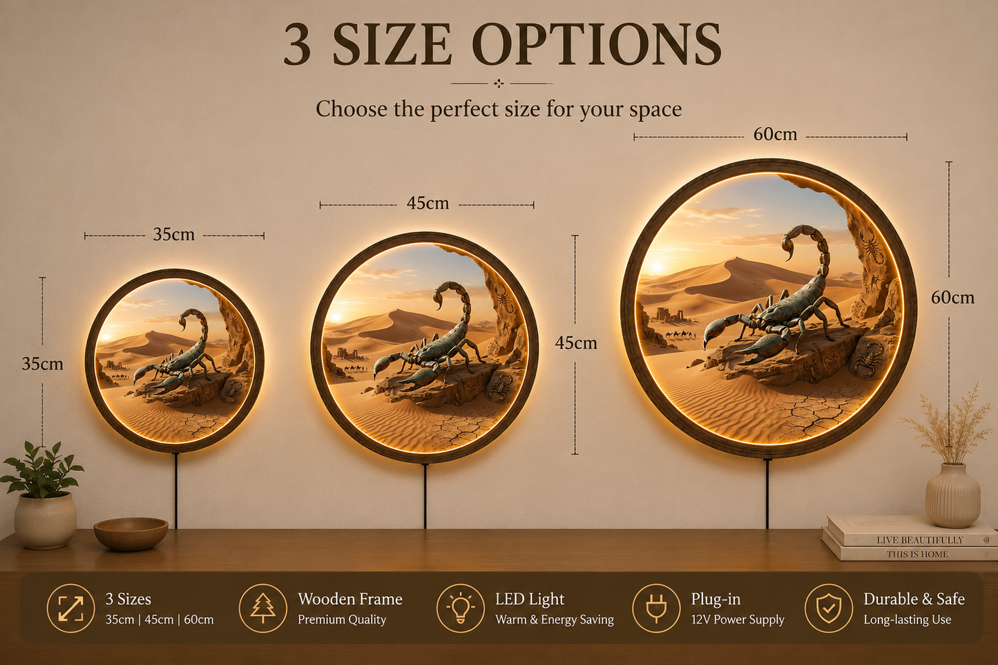 Scorpion LED Wall Decor, Round Wooden Frame Desert Wall Art, Southwestern Home Decor, Nature Landscape Light