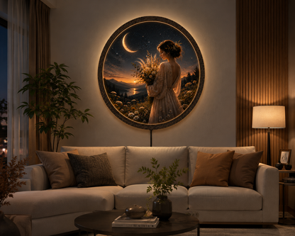 Round LED Wall Art, Moon Goddess Wall Decor, Lighted Wooden Wall Hanging, Fantasy Bedroom Decor, Living Room LED Art
