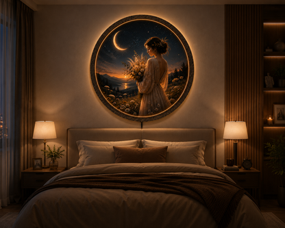 Round LED Wall Art, Moon Goddess Wall Decor, Lighted Wooden Wall Hanging, Fantasy Bedroom Decor, Living Room LED Art