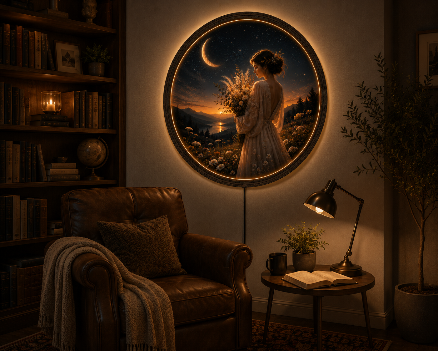 Round LED Wall Art, Moon Goddess Wall Decor, Lighted Wooden Wall Hanging, Fantasy Bedroom Decor, Living Room LED Art