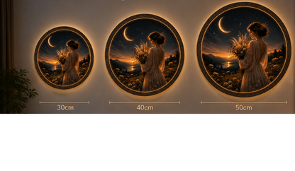 Round LED Wall Art, Moon Goddess Wall Decor, Lighted Wooden Wall Hanging, Fantasy Bedroom Decor, Living Room LED Art