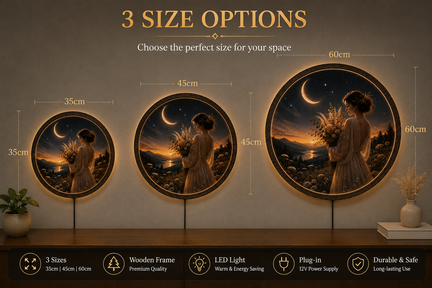 Round LED Wall Art, Moon Goddess Wall Decor, Lighted Wooden Wall Hanging, Fantasy Bedroom Decor, Living Room LED Art