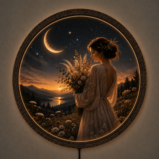 Round LED Wall Art, Moon Goddess Wall Decor, Lighted Wooden Wall Hanging, Fantasy Bedroom Decor, Living Room LED Art