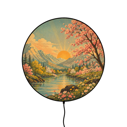 Retro Spring Landscape LED Wall Art, Round Nature Light Decor