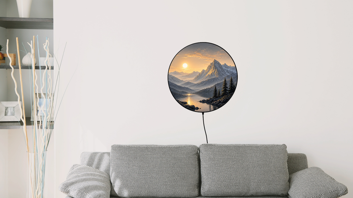 Round LED Mountain Wall Lamp, Modern Landscape Light, Minimalist Wall Decor, Scenic Night Light, Unique Home Gift